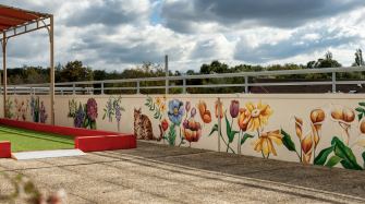 de grandes fleurs et un chat sont peints sur le mur qui longe une grande terrasse