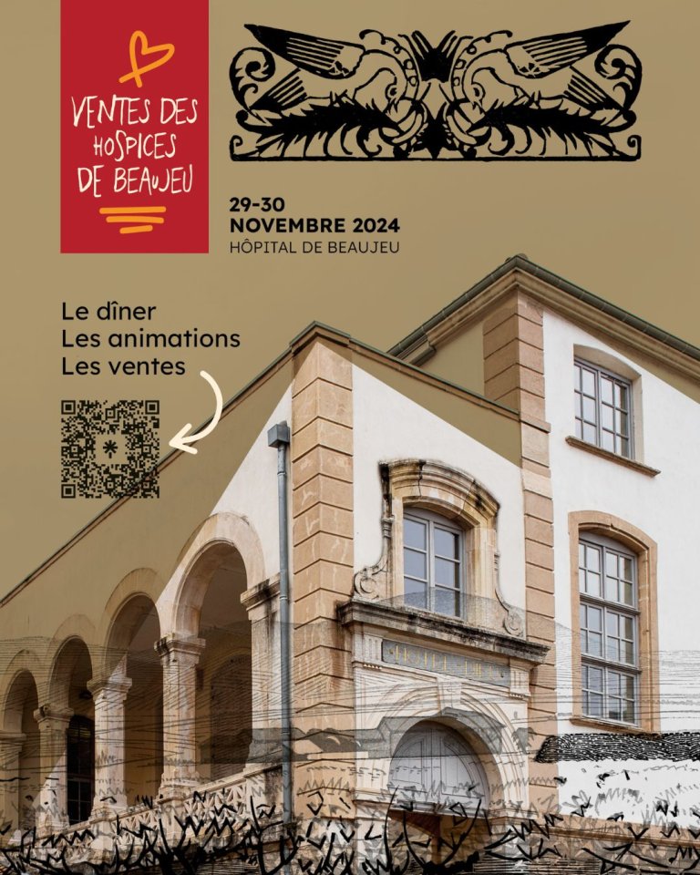 l'affiche des ventes des Hospices de Beaujeu 2024 avec l'ancien Hôtel Dieu et des gravures de Philippe Burnot