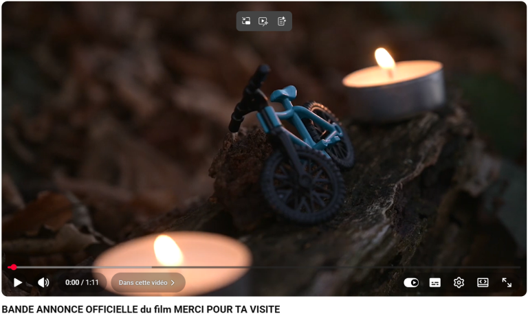 un petit vélo jouet bleu est posé sur un morceau de bois entre deux bougies allumées