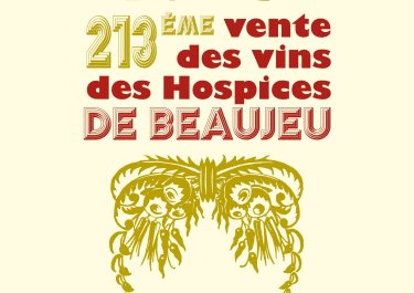 sur un fond jaune clair, le titre 213 ieme vente des vins des hospices de Beaujeu est écrit en couleur or et rouge